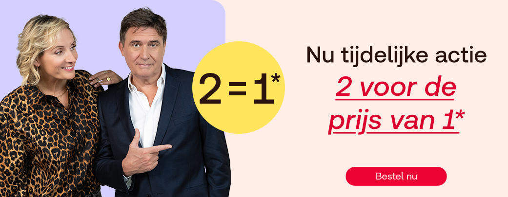 Banner met tijdelijke 2-voor-de-prijs-van-1-actie op geselecteerde producten. Sophie en Erik wijzen naar de promotie. Knop: 'Bestel nu'.