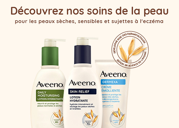 Produits de soin Aveeno pour peaux sèches et sensibles.