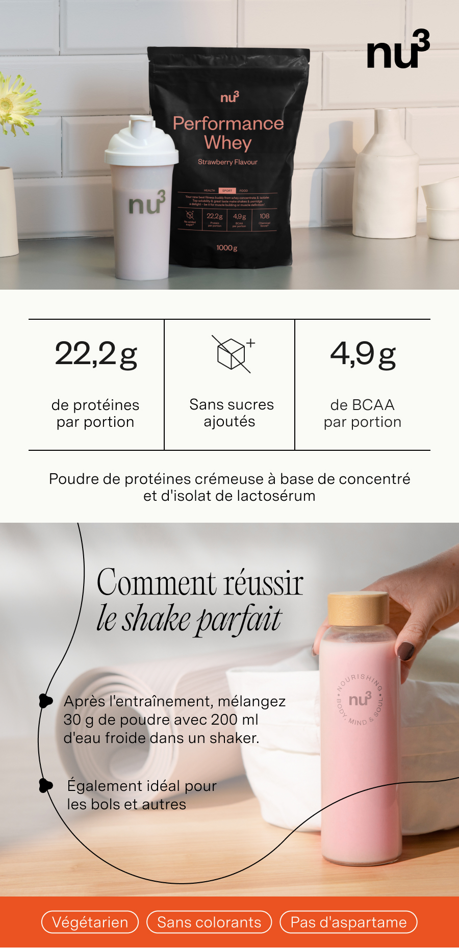 nu3 Performance Whey Fraise : sachet, shaker, informations nutritionnelles et instructions de préparation.
