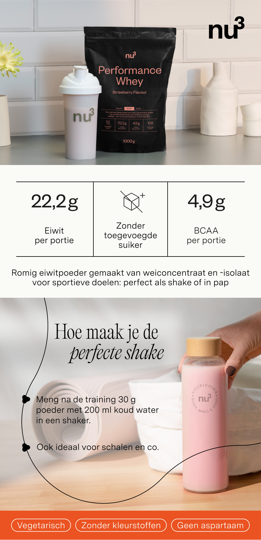 nu3 Performance Whey Aardbei: zak, shaker, voedingsinformatie en bereidingsinstructies.