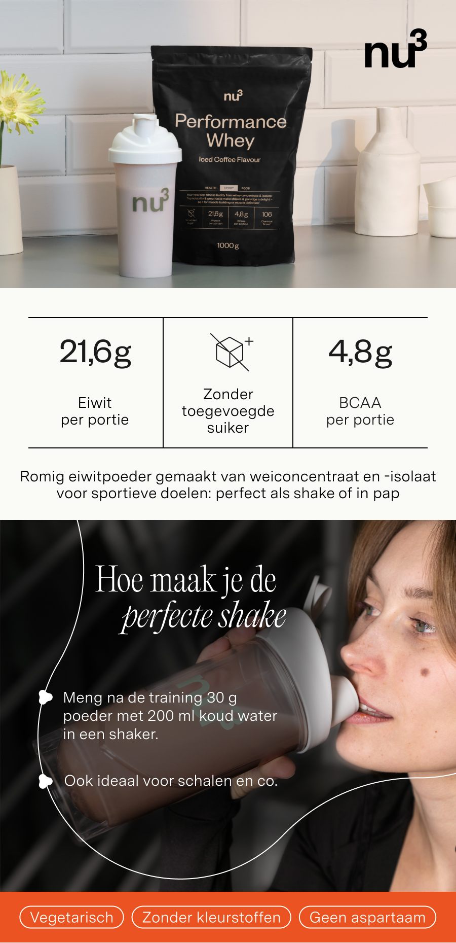 nu3 Performance Whey Iced Coffee: 21,6g eiwit, zonder toegevoegde suiker. Romige eiwitpoeder voor shakes.