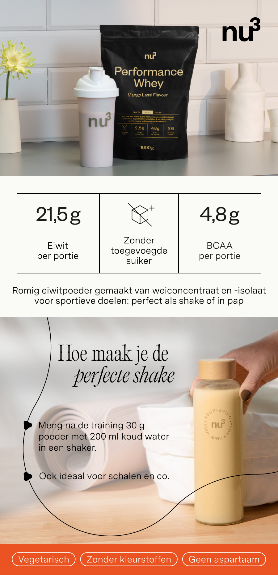 nu3 Performance Whey Mango Lassi: zak, shaker, bereidingsinstructies en voedingswaarden.