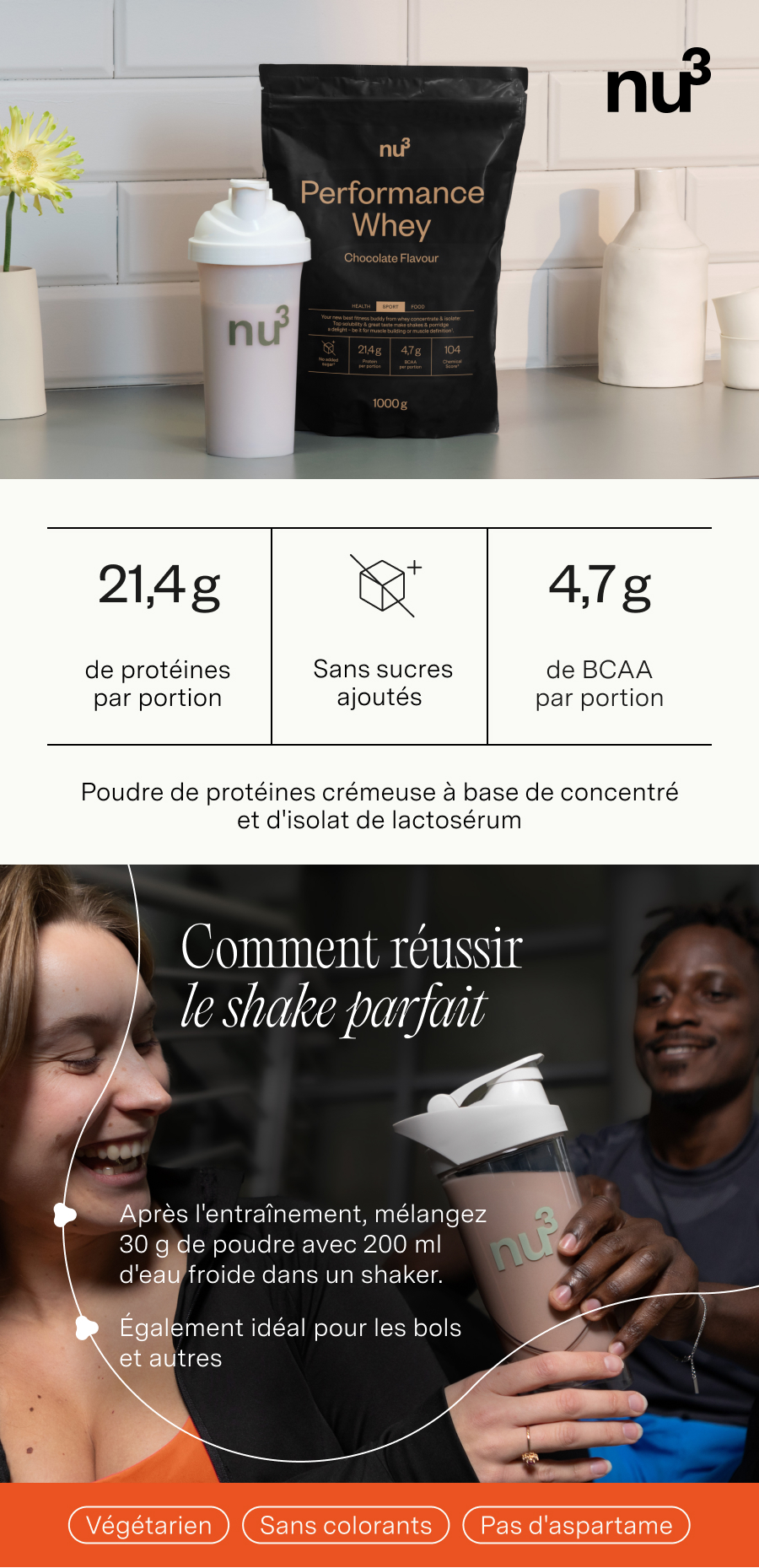 nu3 Performance Whey saveur chocolat : 21,4g de protéines, sans sucres ajoutés, 4,7g de BCAA par portion.