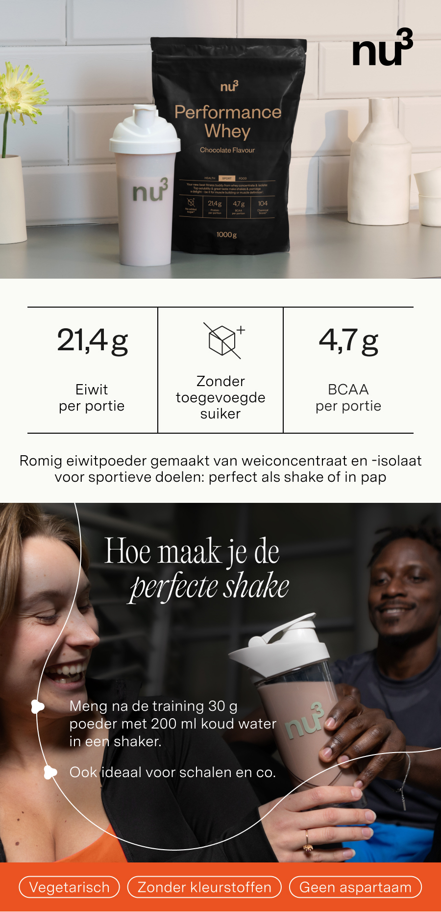 nu3 Performance Whey chocoladesmaak: 21,4g eiwit, zonder toegevoegde suiker, 4,7g BCAA per portie.