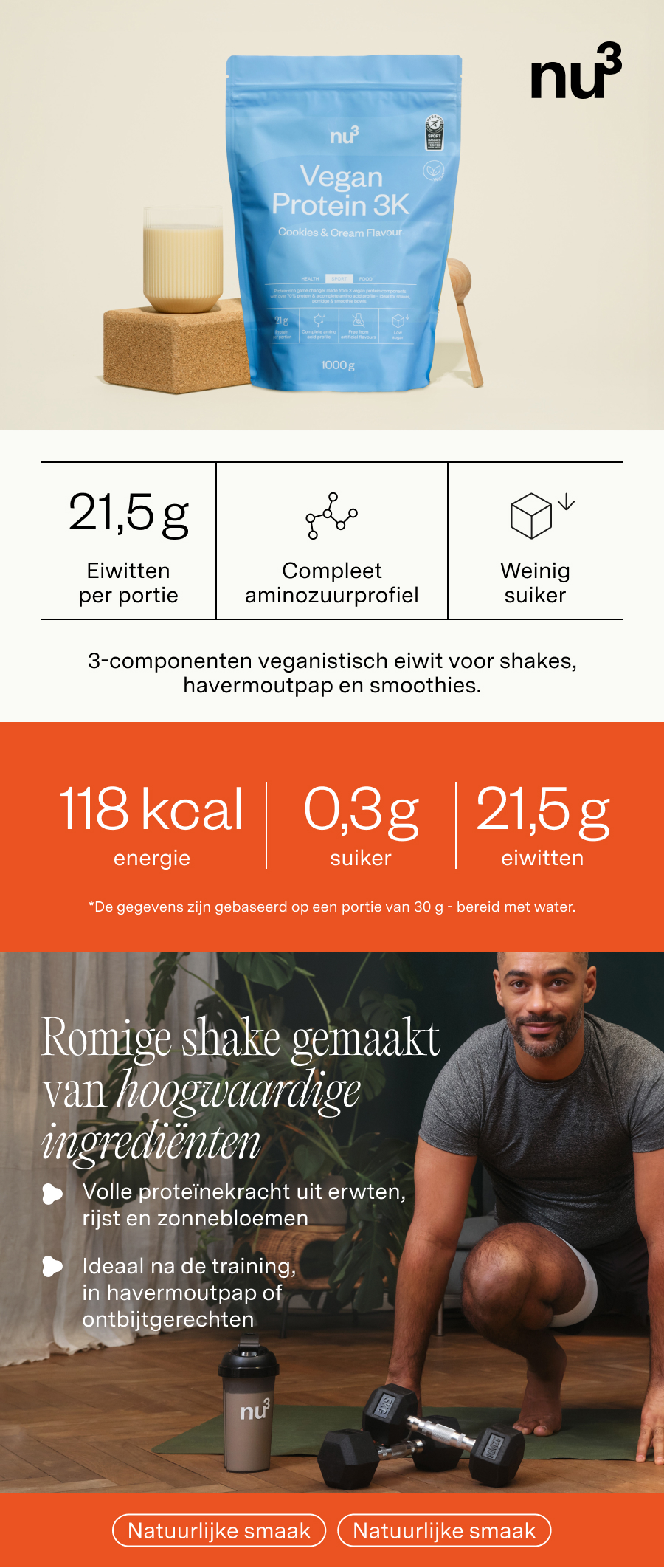 Reclamebeeld met 'nu3 Vegan Protein 3K'. Verpakking, shake, man aan het trainen. Voedingswaarden.