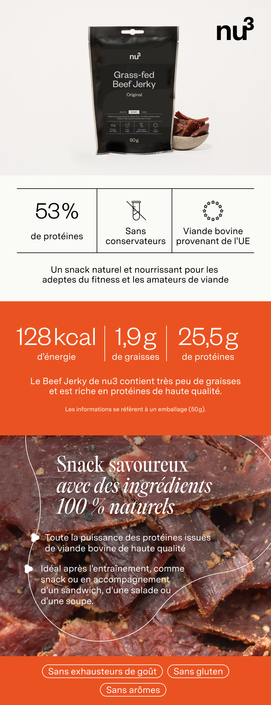 nu3 Beef Jerky, Original, en emballage. 53% protéines, sans conservateurs, viande bovine UE. Valeurs nutritionnelles: 128 kcal, 1,9g lipides, 25,5g protéines.