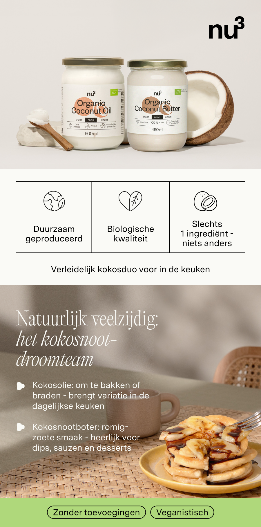 Reclamebeeld voor nu3 Kokosöl en Kokosmus. Twee potten, halve kokosnoot, iconen, tekst. Opschrift: Organic Coconut Oil, Organic Coconut Butter.
