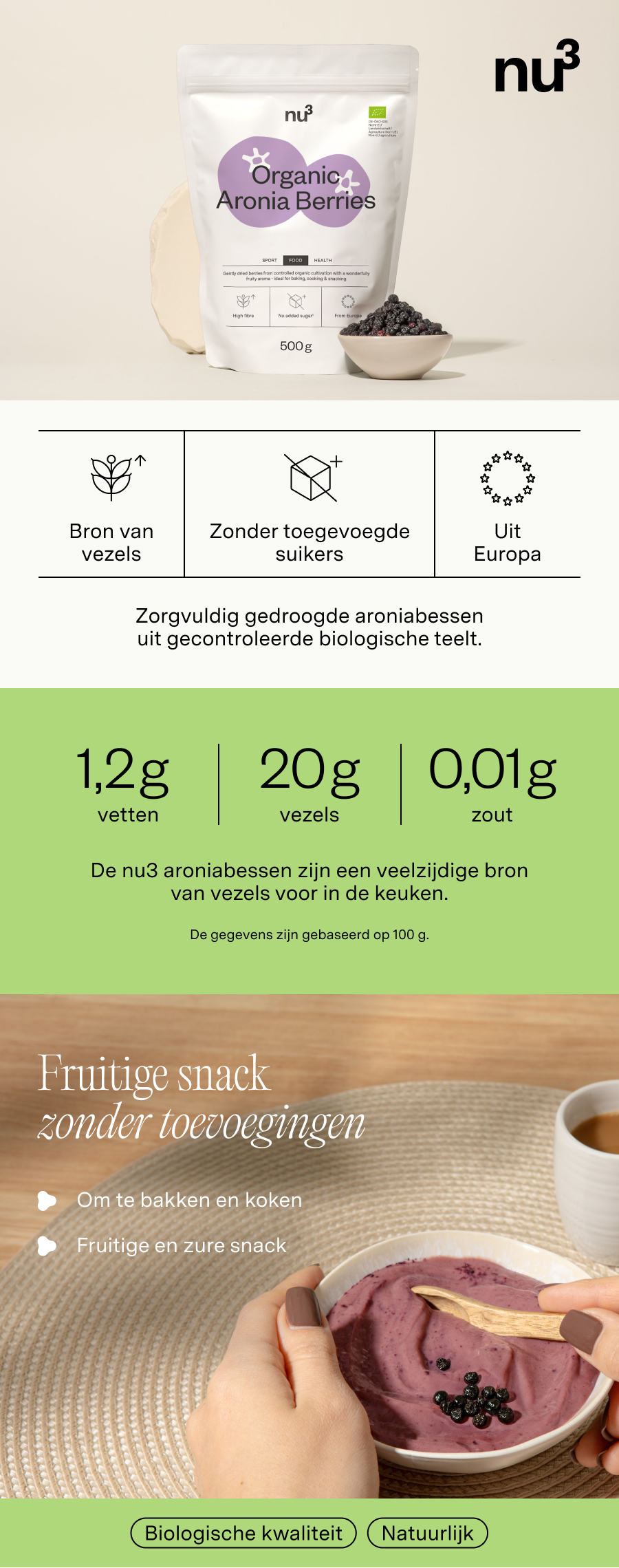 Witte zak met opdruk. Opschrift: nu3 Organic Aronia Berries. Bio-keurmerk. 500g. Kom met aroniabessen. Voedingswaarde-informatie.