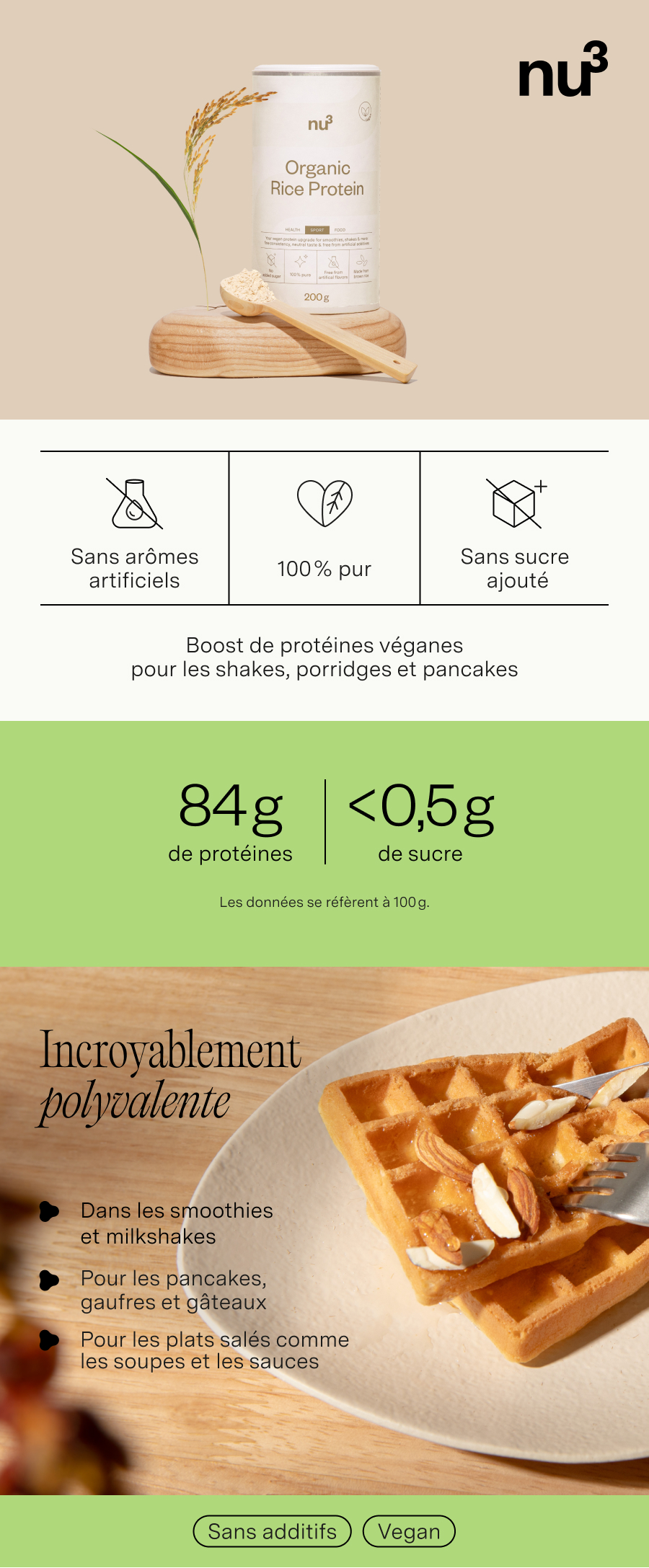 nu3 Protéine de Riz Bio: 84g de protéines, <0,5g de sucre. Vegan, sans arômes artificiels ni sucre ajouté.