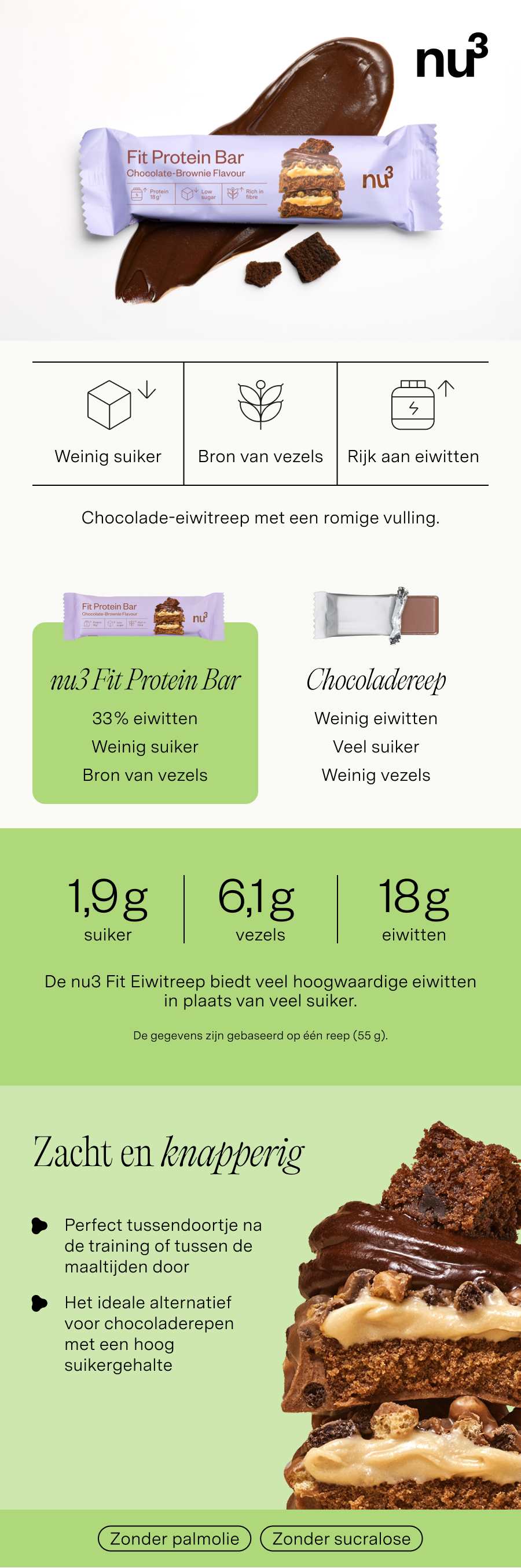 nu3 Fit Proteïnereep Chocolade-Brownie: laag in suiker, rijk aan vezels, rijk aan eiwitten.