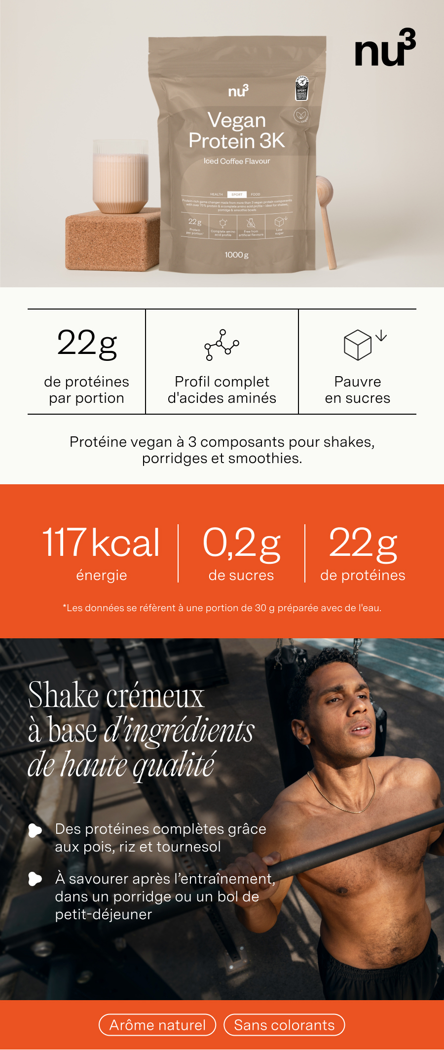 nu3 Vegan Protein 3K Iced Coffee : sachet, informations nutritionnelles (117 kcal, 0,2g sucre, 22g protéine) et conseils de préparation.