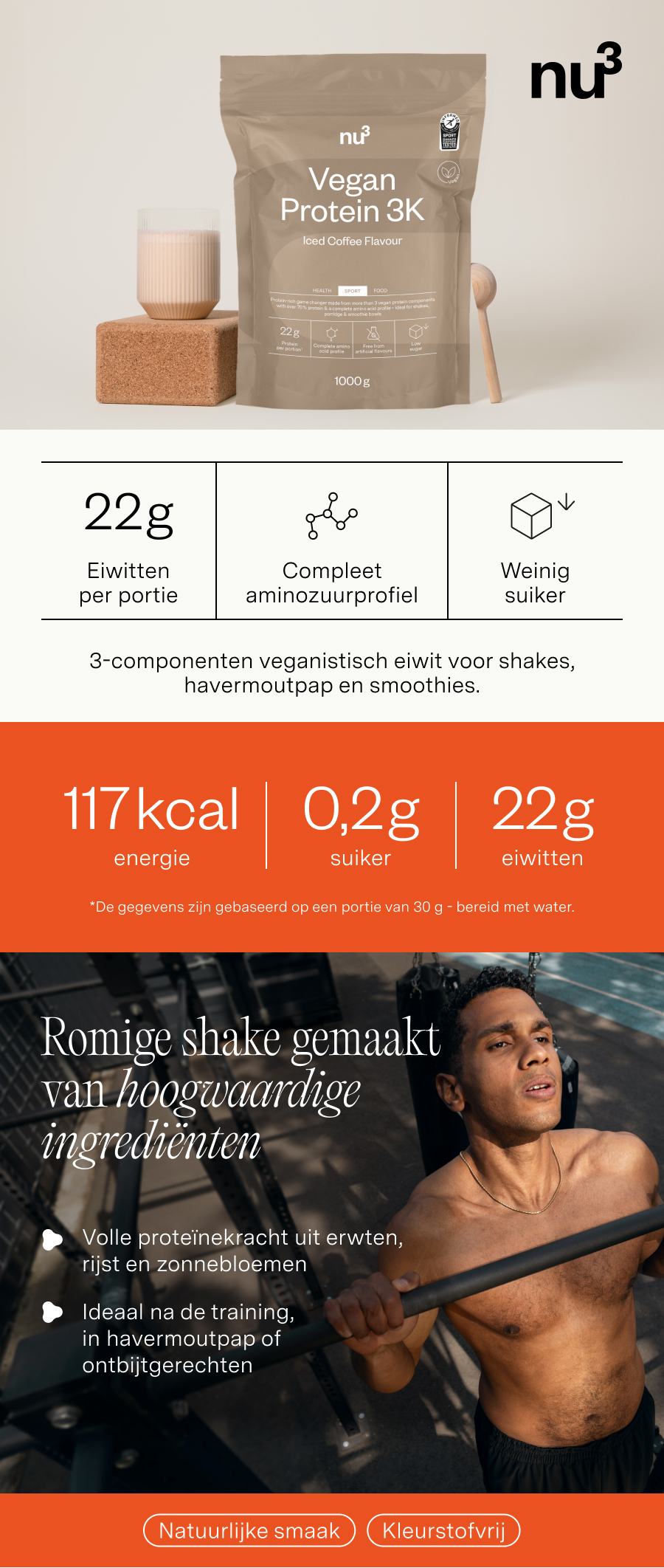 nu3 Vegan Protein 3K Iced Coffee: zak, voedingswaarden (117 kcal, 0,2g suiker, 22g eiwit) en bereidingsadvies.