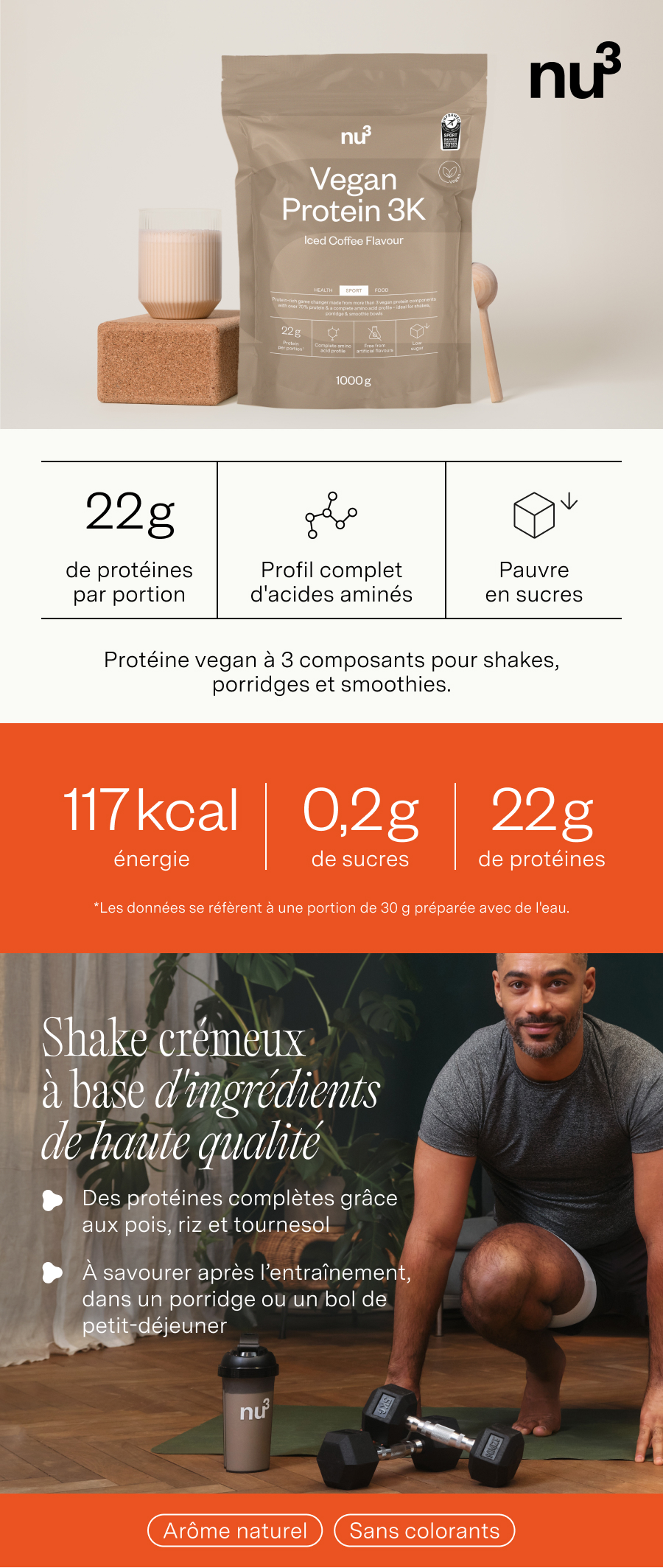 Visuel publicitaire avec «&nbsp;nu3 Vegan Protein 3K Iced Coffee&nbsp;». Produit, shake, homme, haltères, informations nutritionnelles, «&nbsp;Arôme naturel&nbsp;».