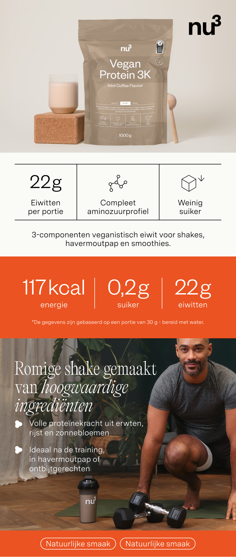 Reclamebeeld met «&nbsp;nu3 Vegan Protein 3K Iced Coffee&nbsp;». Product, shake, man, dumbbells, voedingswaarde, «&nbsp;Natuurlijke smaak&nbsp;».