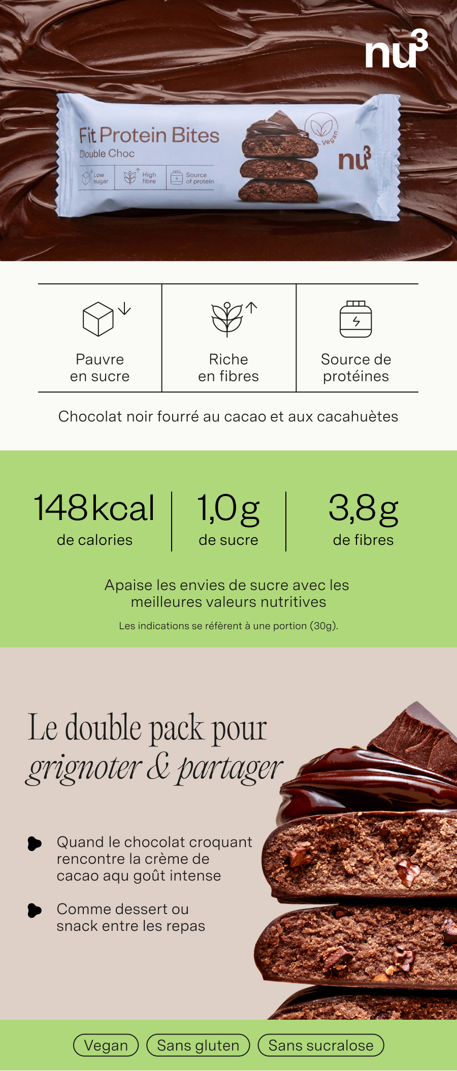 Barre nu3 Fit Protein Bites Double Choc, fourrée cacao et cacahuètes.