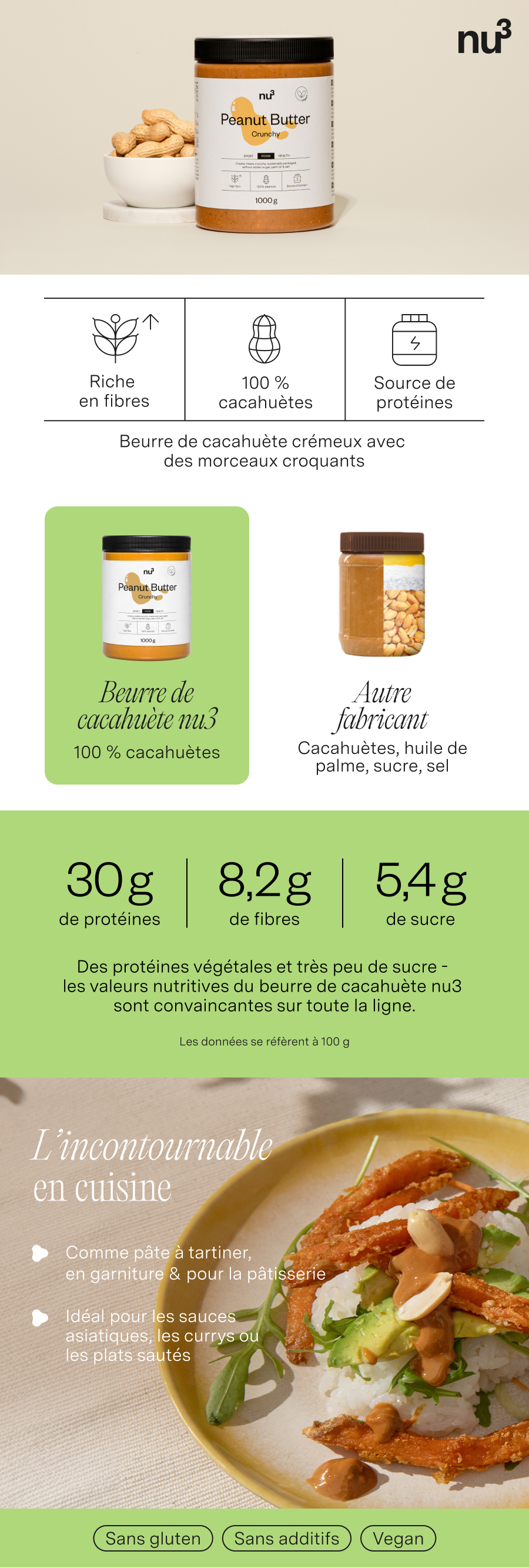 nu3 Beurre de cacahuète Crunchy. Image du produit, informations nutritionnelles, comparaison de produits, idées d'utilisation. Sans gluten, sans additifs, végétalien.