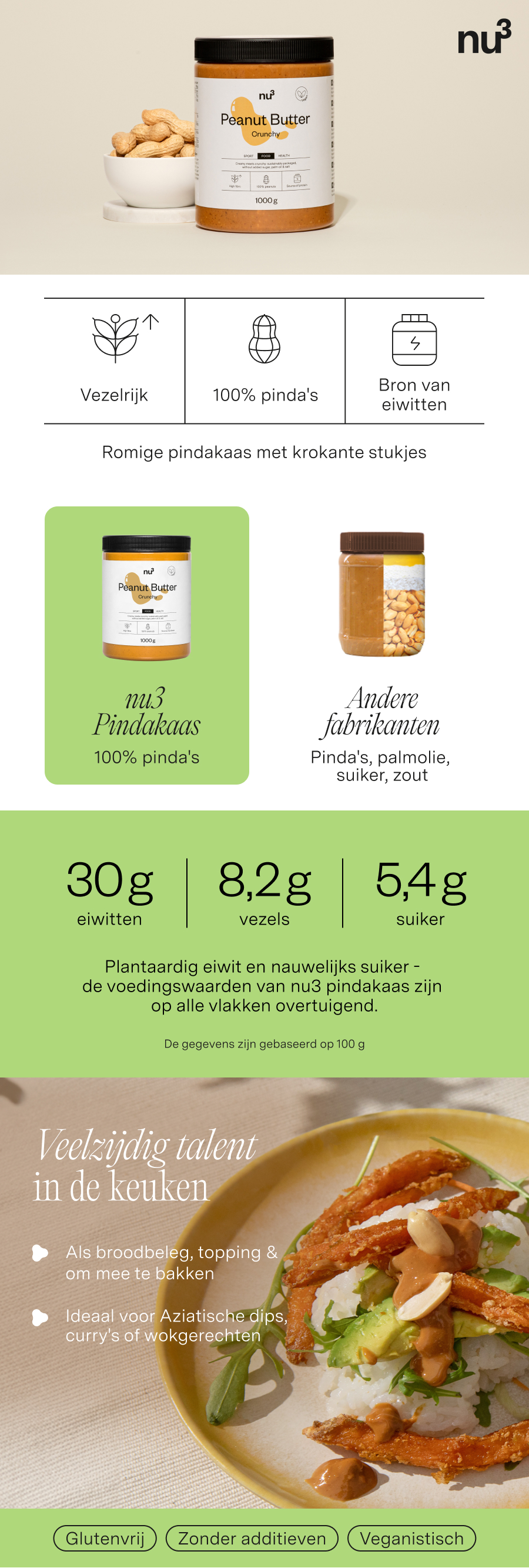 nu3 Pindakaas Crunchy. Productafbeelding, voedingswaarde, productvergelijking, gebruiksideeën. Glutenvrij, zonder toevoegingen, veganistisch.