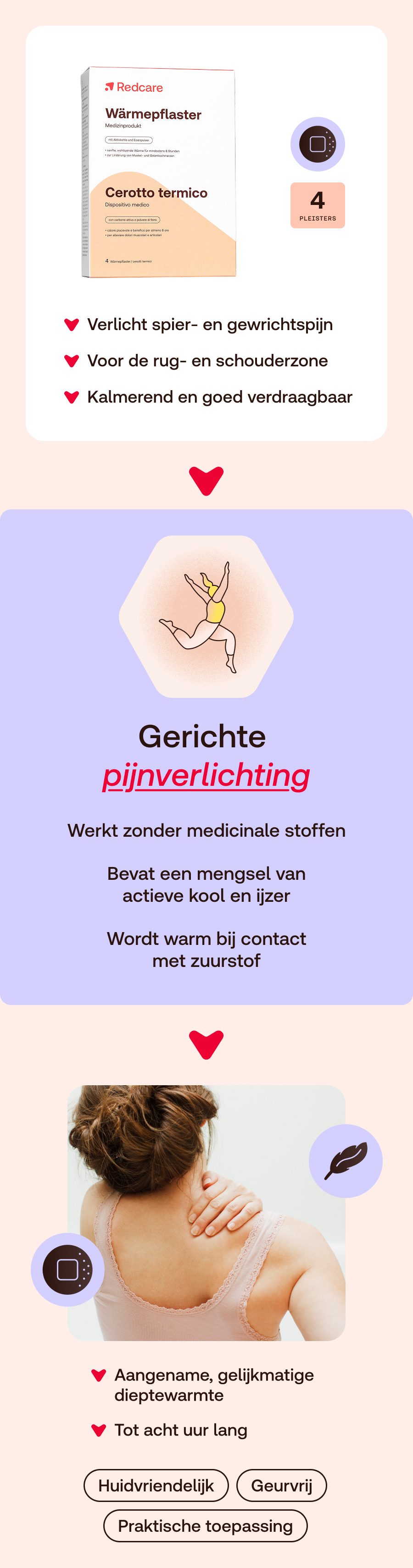 Productverpakking met tekst: Redcare Wärmepflaster, Cerotto termico, 4 pleisters. Rode pijlen met tekst.