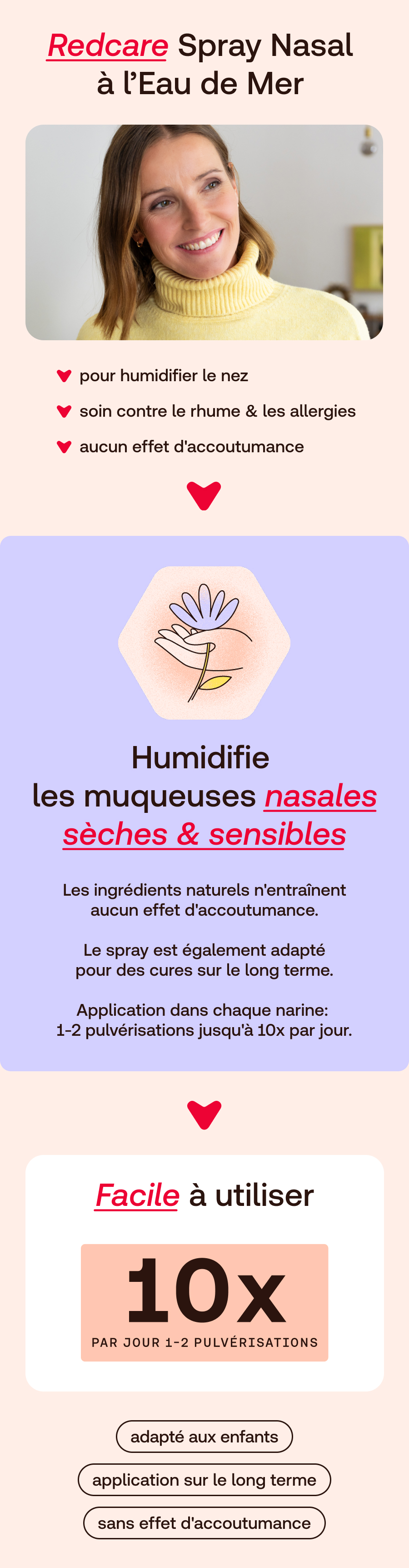Spray nasal à l'eau de mer Redcare: Nettoie et humidifie la muqueuse nasale. Sans conservateurs.