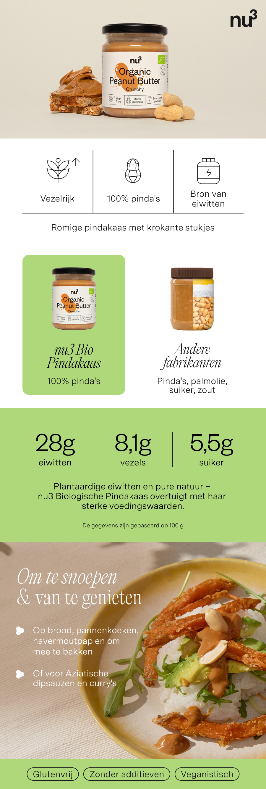 Infographic met nu3 Bio Pindakaas crunchy. Tekst: Romige pindakaas met knapperige stukjes. Voedingswaarden en productafbeelding.