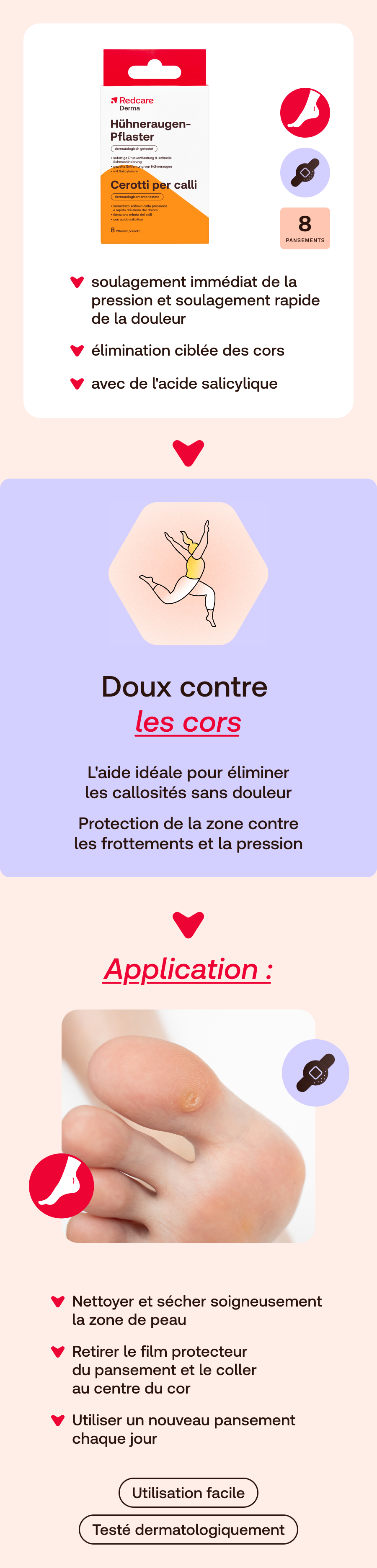 Image du produit avec pansements Redcare pour cors. Contient 8 pansements. Texte : Cerotti per calli. Testé dermatologiquement.