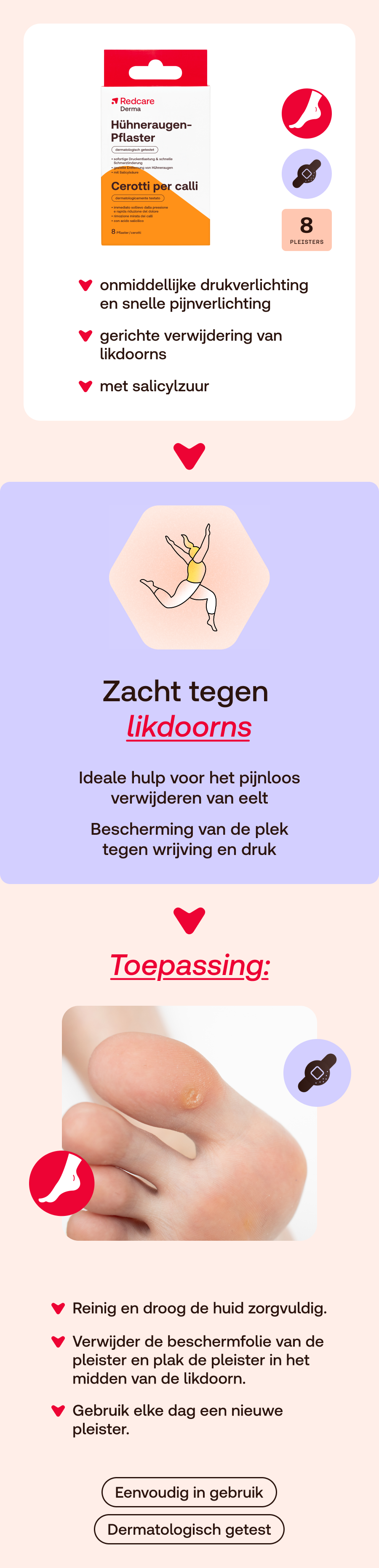 Productafbeelding met Redcare likdoornpleisters. Bevat 8 pleisters. Tekst: Cerotti per calli. Dermatologisch getest.