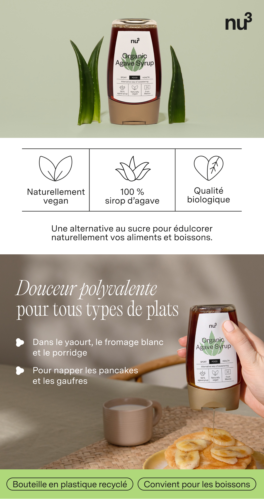 Bouteille de sirop d'agave, feuilles vertes, texte et icônes. Pancakes avec banane, tasse.