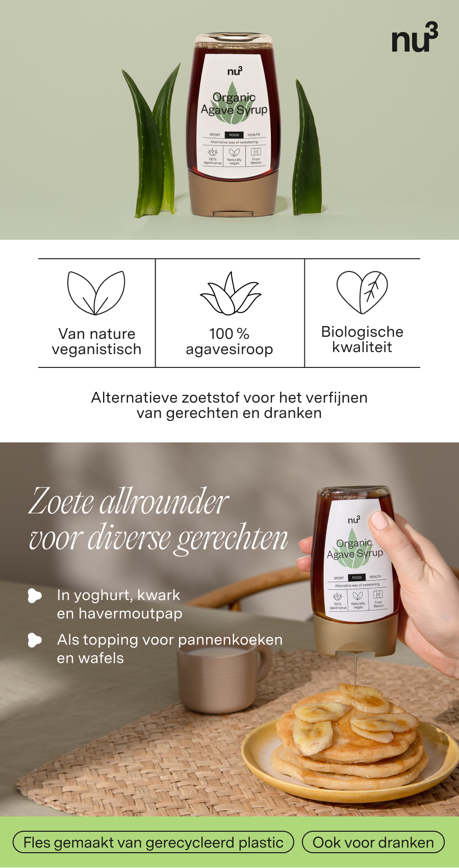 Fles agavesiroop, groene bladeren, tekst en iconen. Pannenkoeken met banaan, kopje.