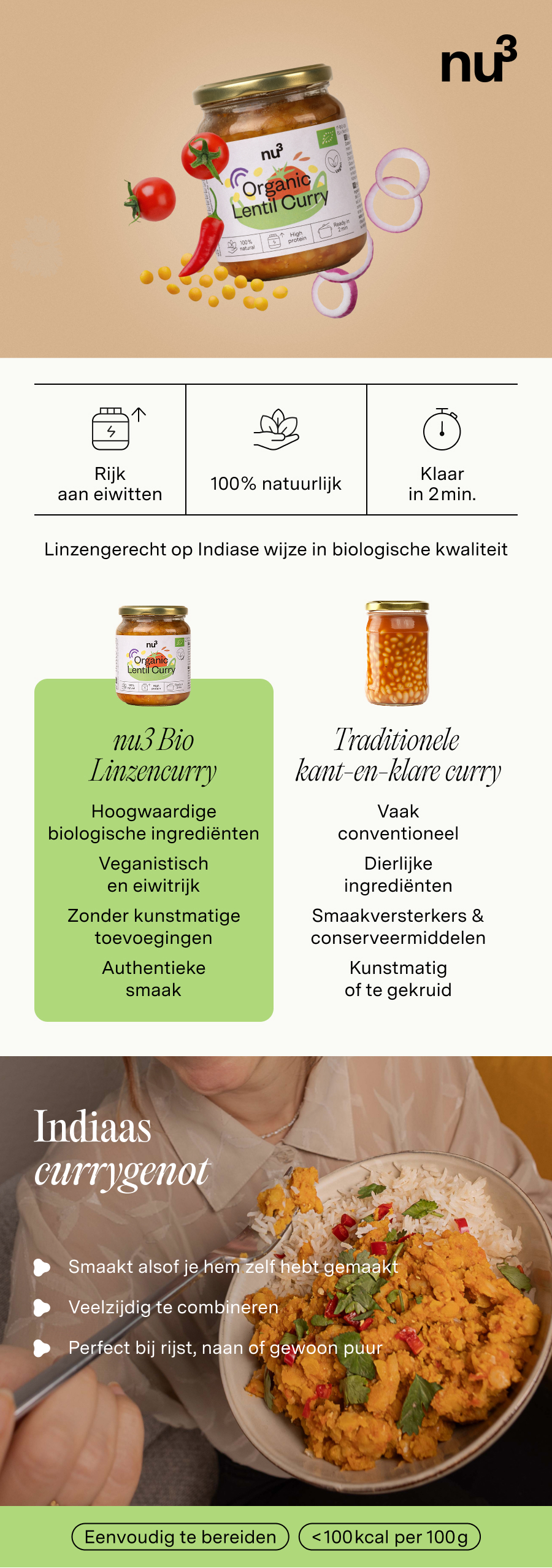 Reclamebeeld: nu3 Bio Linzen Curry. Productafbeelding, voordelen: rijk aan eiwitten, 100% natuurlijk, klaar in 2 minuten. Vergelijking met kant-en-klare curry.