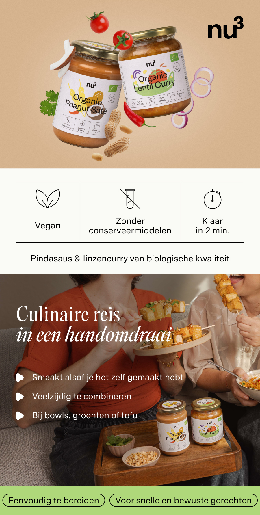 Reclamebeeld met potten pindasaus en linzencurry. Veganistisch, zonder conserveermiddelen, klaar in 2 minuten. Culinaire reis.