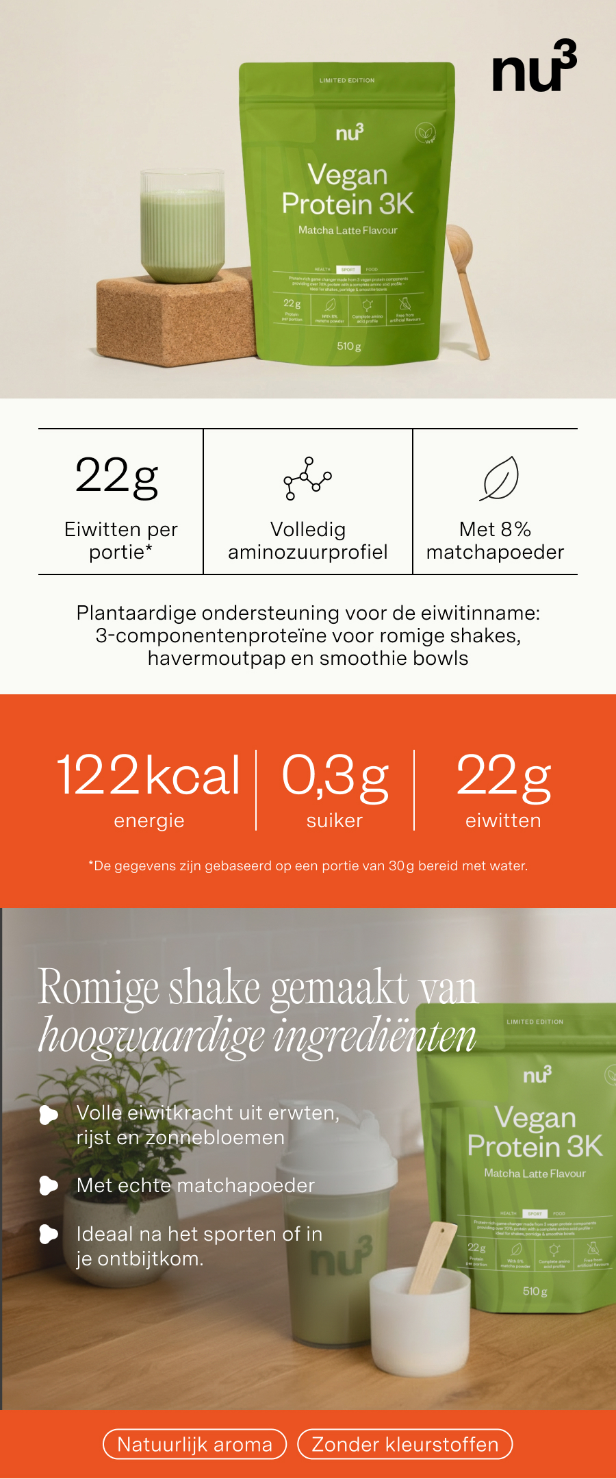 nu3 Vegan Protein 3K Matcha Latte, groene verpakking, 510g. Glas met shake en lepel. Voedingswaarden: 22g eiwit, 8% matcha.