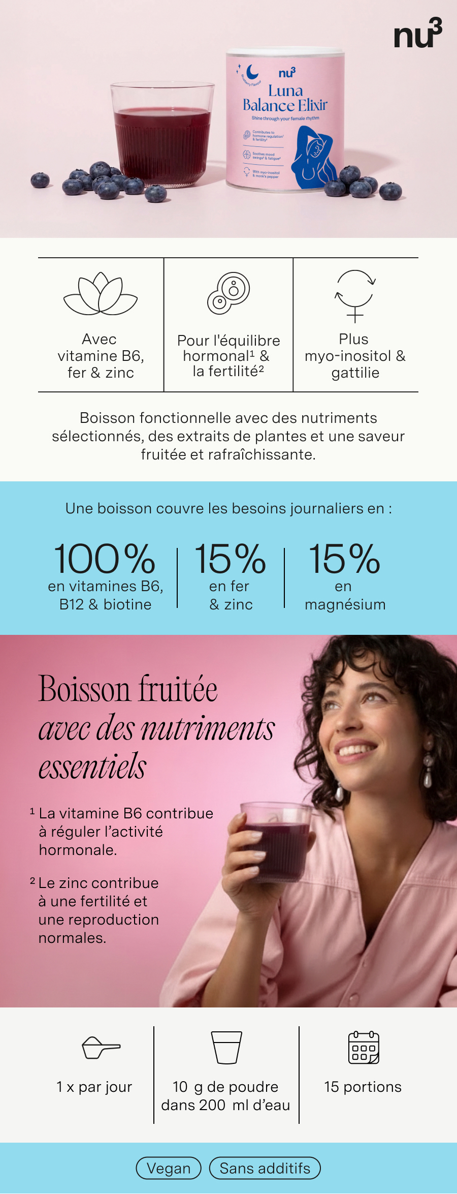 Photo publicitaire avec boîte et verre. Inscription: nu3 Luna Balance Elixir. Contient des informations sur les vitamines et minéraux. Femme boit.
