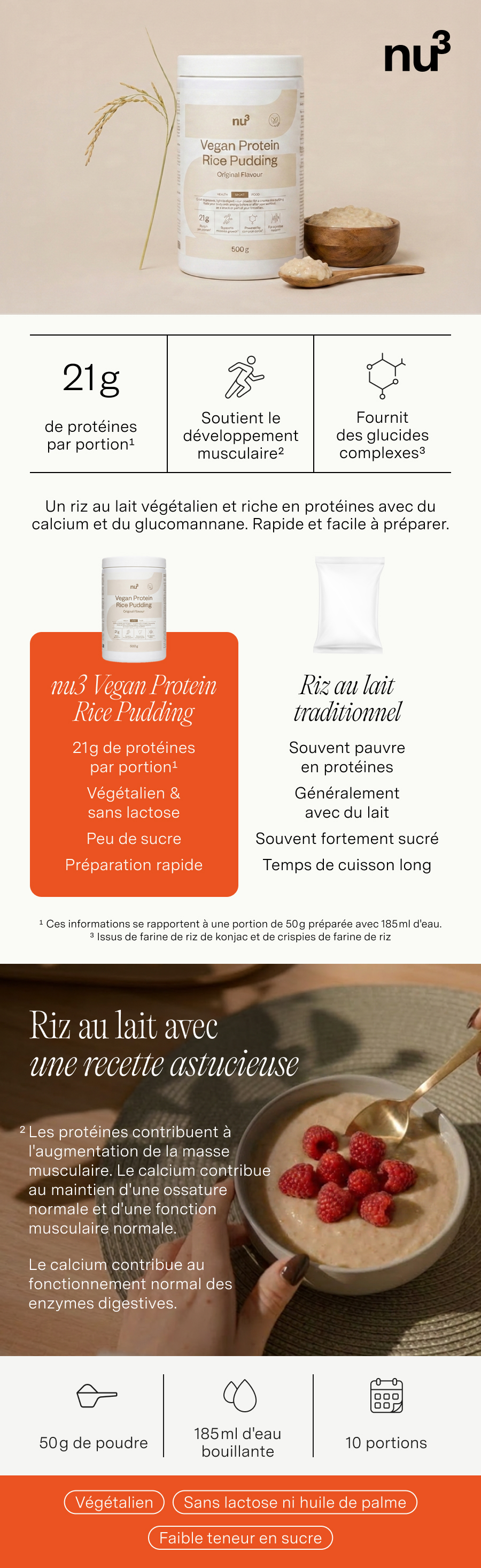 nu3 Vegan Protein Rice Pudding : 21g de protéines, soutient le développement musculaire, fournit des glucides complexes.