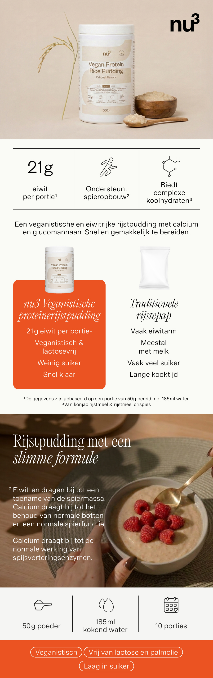 nu3 Vegan Protein Rice Pudding: 21g eiwit, ondersteunt spieropbouw, levert complexe koolhydraten.