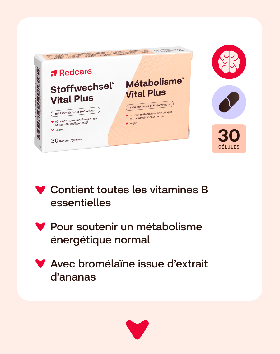 Emballage du produit avec texte et illustrations. Contient 30 gélules. Texte : Stoffwechsel Vital Plus.