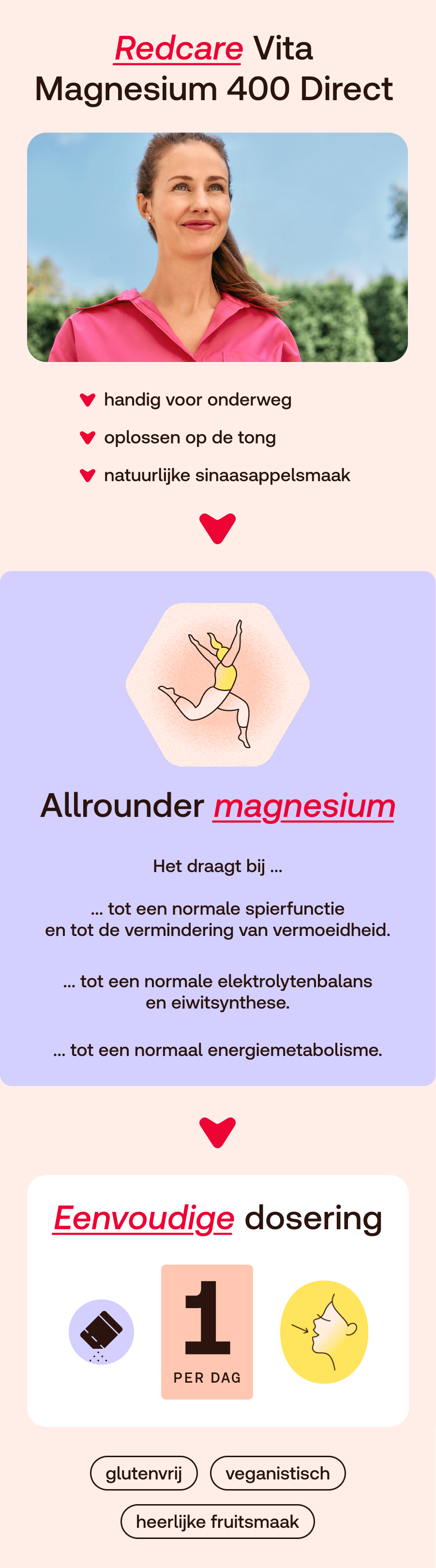 Reclamebeeld met vrouw. Tekst: Redcare Vita Magnesium 400 Direkt. Handig, oplossen op de tong.