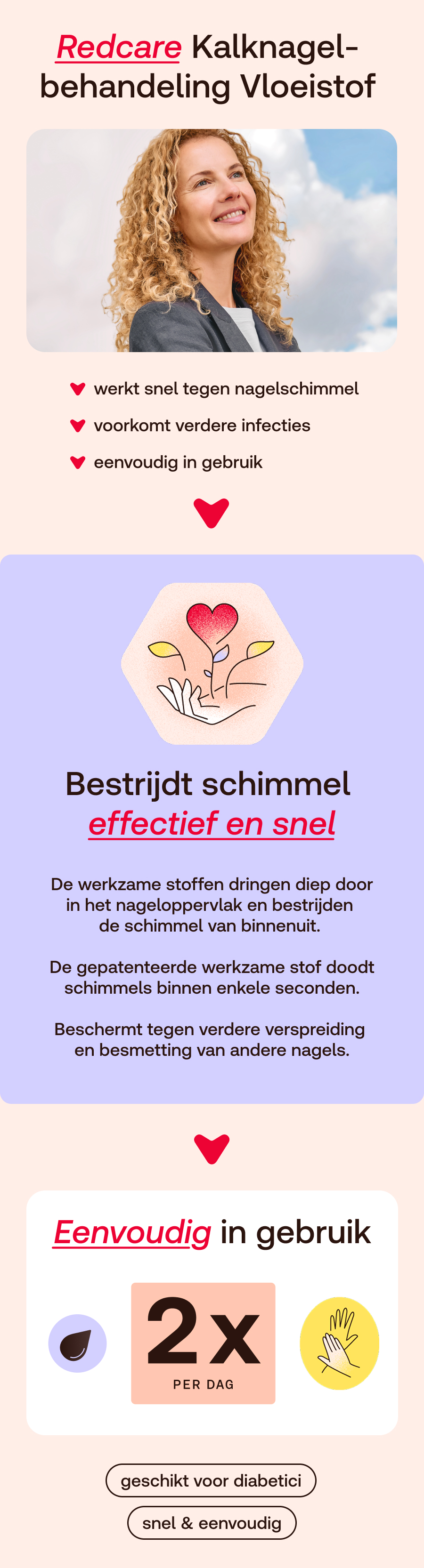 Vrouw met krullend haar lacht; tekst over snelle en eenvoudige behandeling van nagelschimmel.