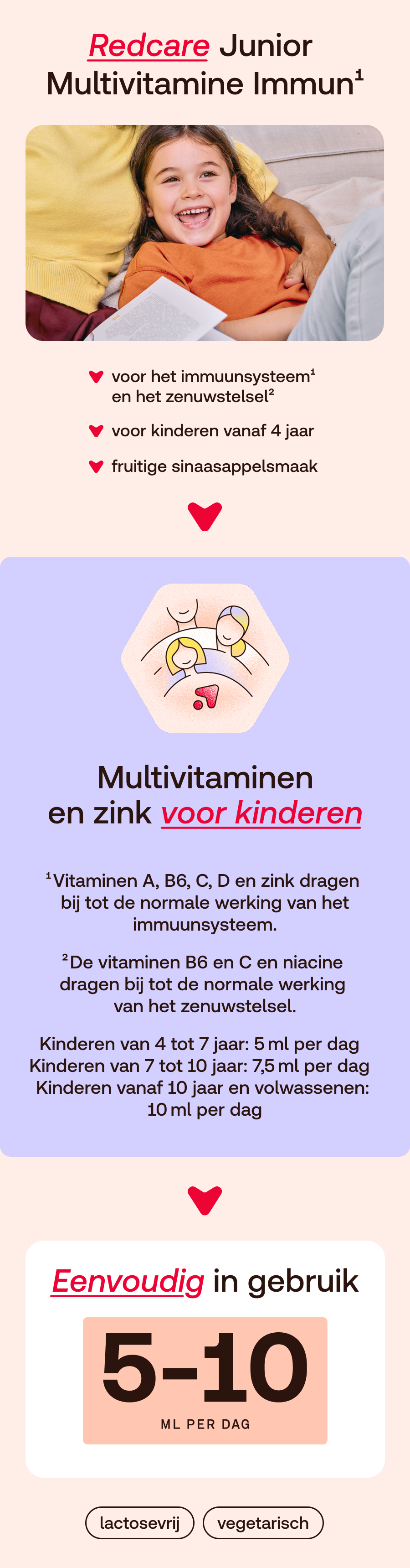 Redcare Junior Multivitamine Immuun: Afbeelding van een lachend kind. Tekst over immuunsysteem, zenuwen, voor kinderen vanaf 4 jaar, sinaasappelsmaak.