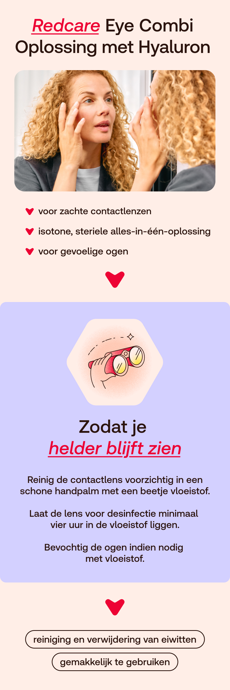Redcare Eye Combi Oplossing met Hyaluron, vrouw raakt oog aan.