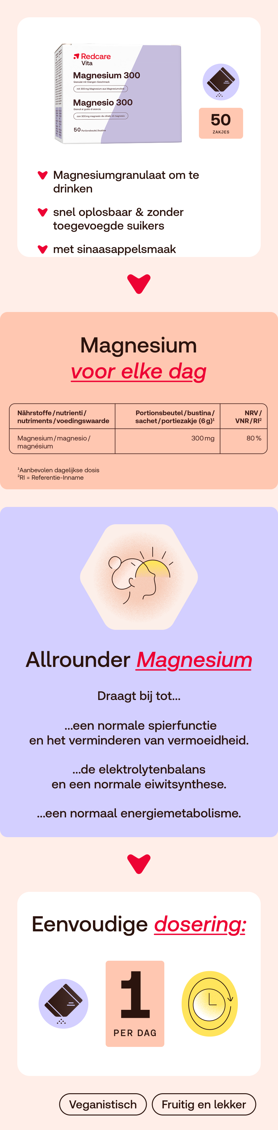 Productafbeelding van Redcare Magnesium 300. Tekst: Magnesium voor elke dag. 50 zakjes. Eenvoudige dosering: 1 per dag.