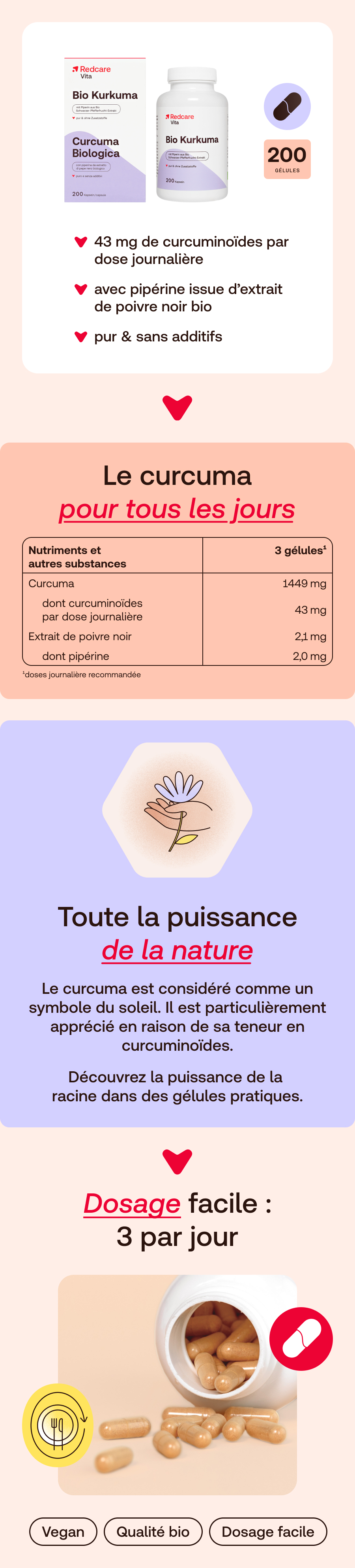 Redcare Bio Curcuma : 200 gélules, 43mg curcuminoïdes, avec pipérine, pur & sans additifs.