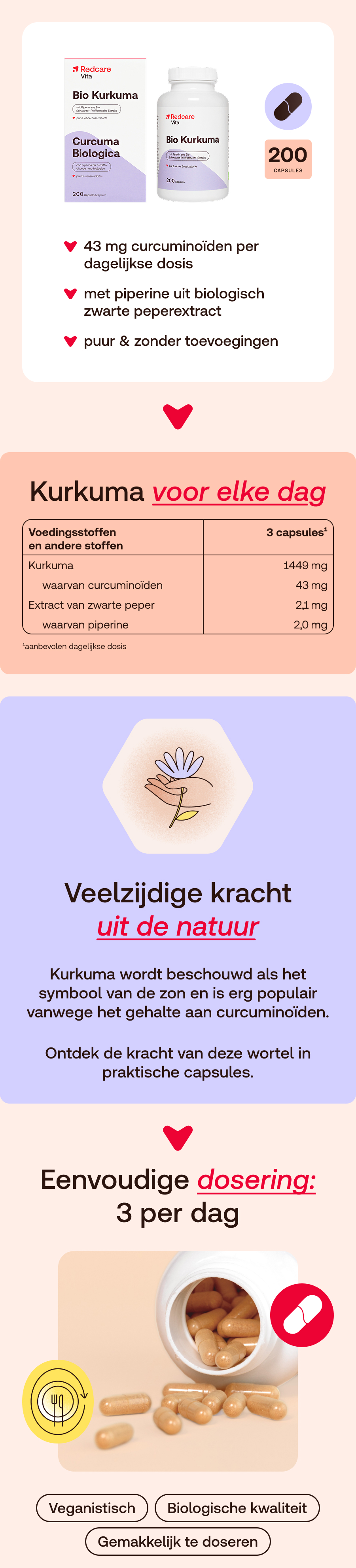 Redcare Bio Kurkuma: 200 capsules, 43mg curcuminoïden, met piperine, puur & zonder toevoegingen.