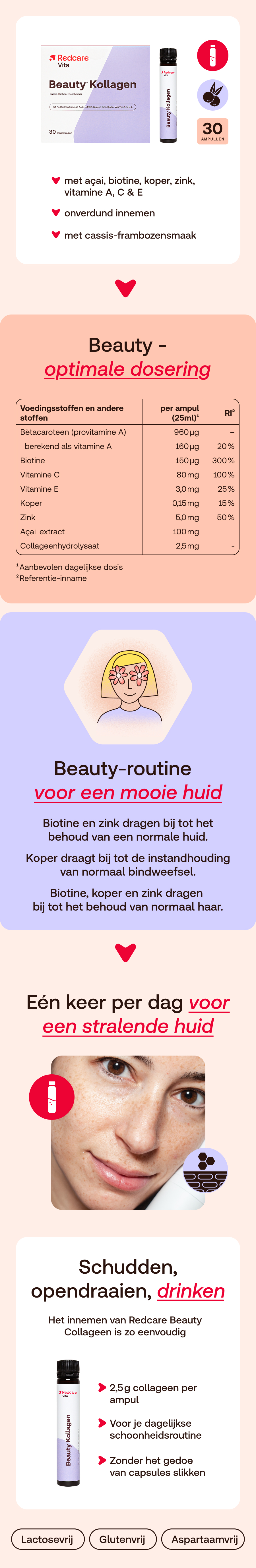 Doos en drinkampul. Opschrift: Redcare Beauty Kollagen. 30 ampullen.