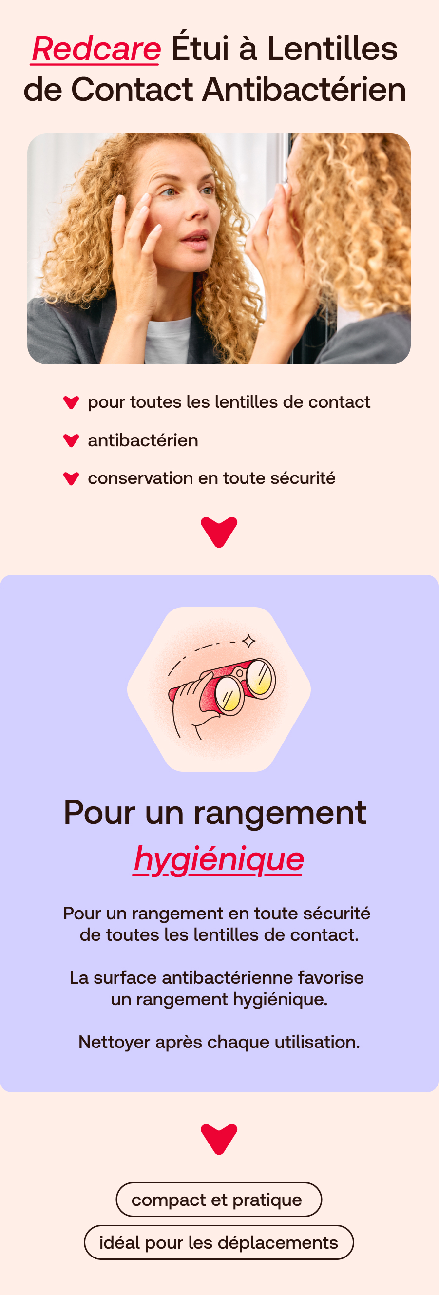 Femme aux bigoudis touchant ses yeux. Redcare Eye : Boîte antibactérienne pour toutes lentilles, rangement hygiénique.