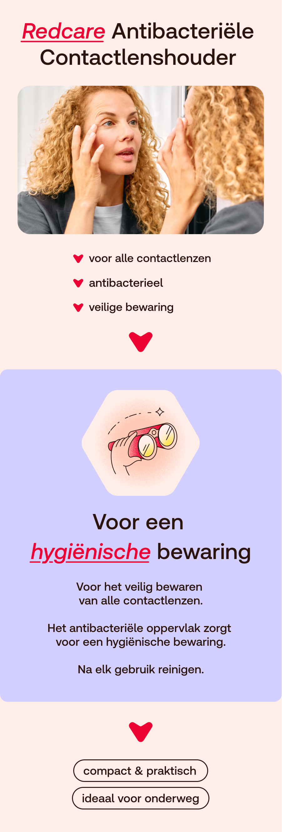 Vrouw met krulspelden die haar ogen aanraakt. Redcare Eye: Antibacteriële houder voor lenzen, hygiënische bewaring.