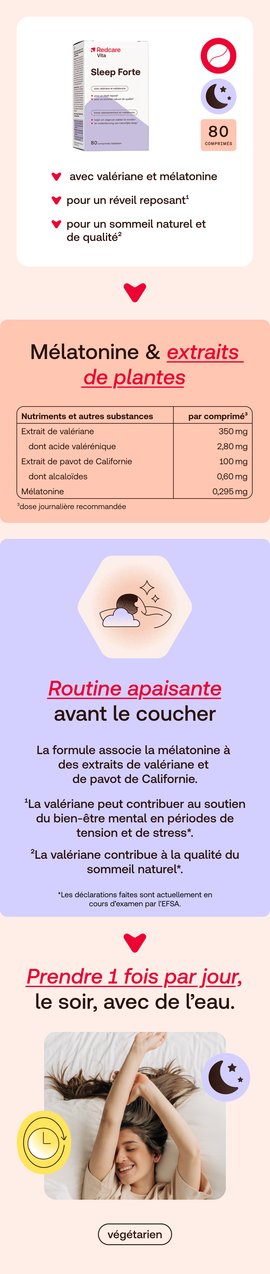 Image produit avec texte. Contient mélatonine et extraits végétaux. 80 comprimés. Prise: 1 fois par jour.