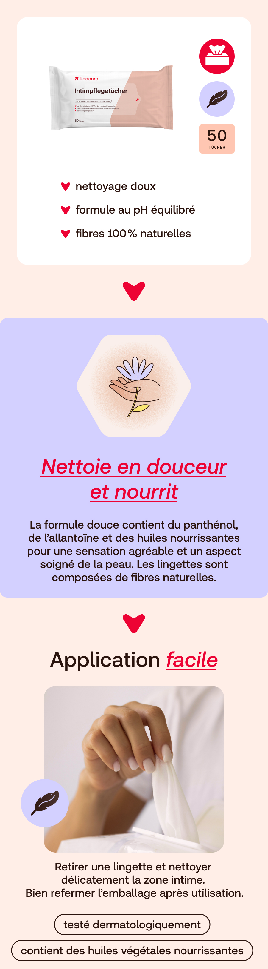 Infographie avec image du produit, icônes et texte. Décrit nettoyage doux, formule pH équilibré et fibres naturelles.