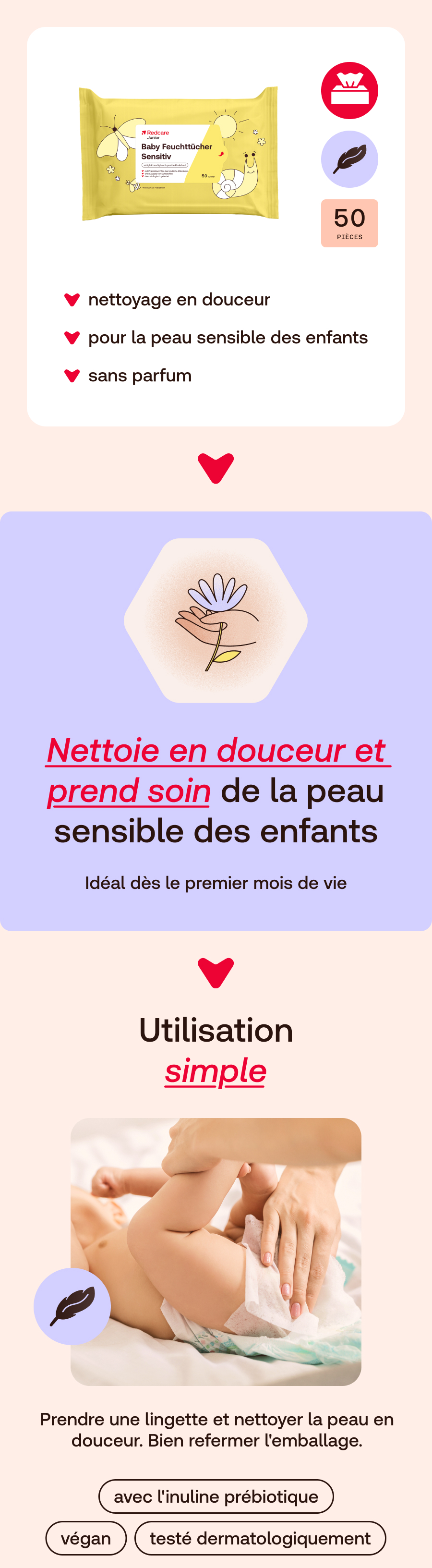 Panneau publicitaire français. Montre un paquet de lingettes, texte: Nettoie en douceur et prend soin de la peau sensible des enfants.