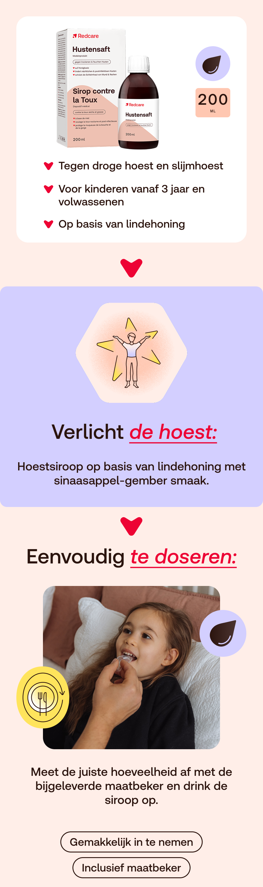 Reclamebeeld voor hoestsiroop. Product, tekst, illustraties en een persoon.