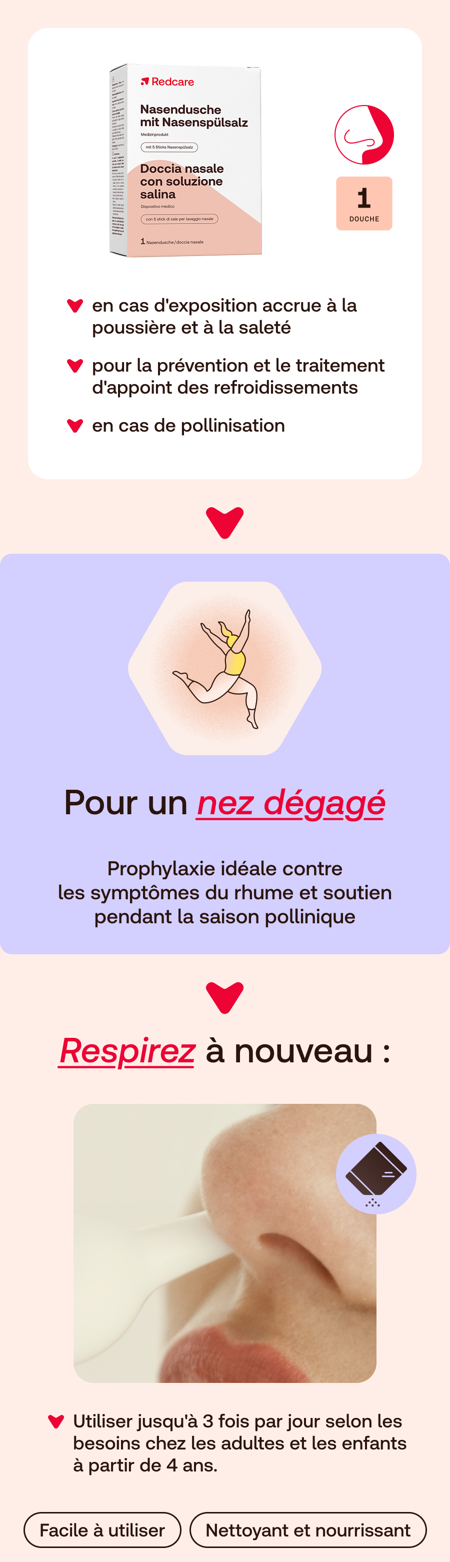 Image publicitaire avec image du produit. Texte: Pour un nez dégagé. Idéal contre les symptômes du rhume et pollen.